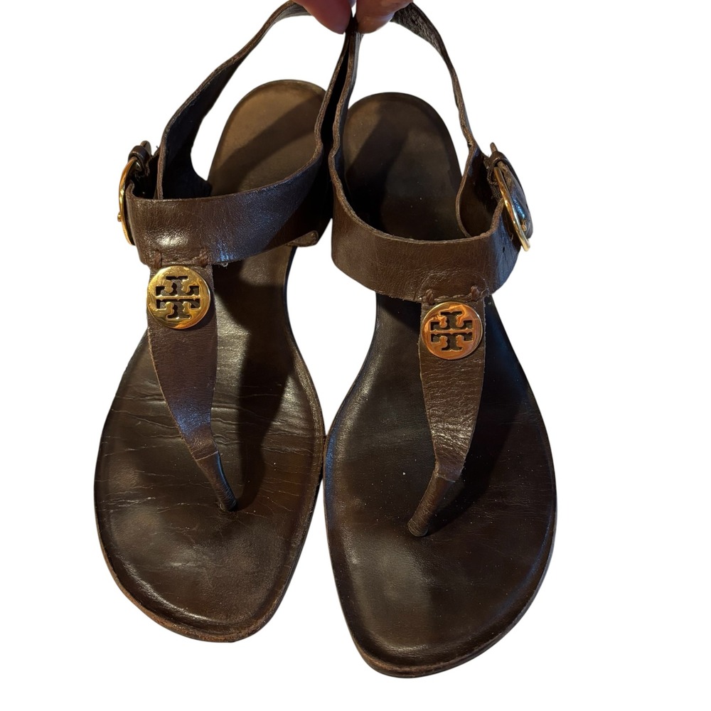 Tory Burch Miller Dark Brown Leather Block Heel Thong Sandals Gold Logo 9M